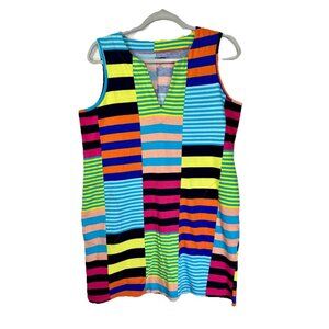 Lands End Dress Swim Cover Size MP Multicolor Patchwork Stripe Sleeveless Pocket